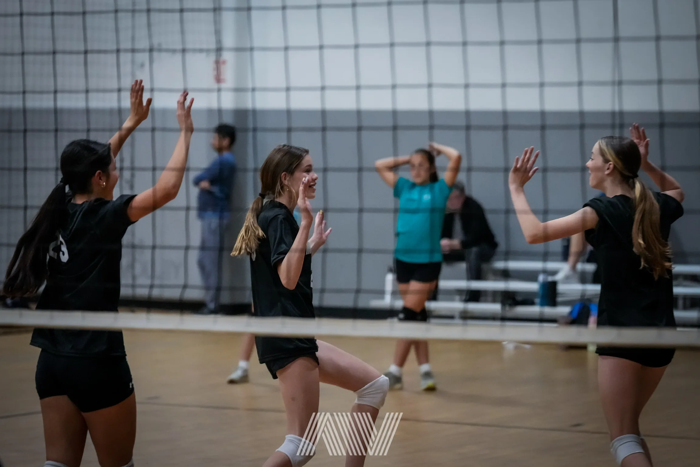 A4 Volleyball players celebrating at the net